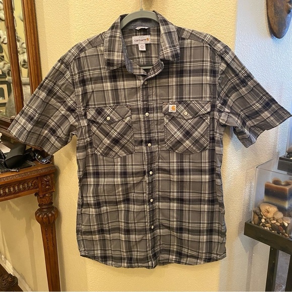 CARHARTT Men Gray Plaid Relaxed Fit Pearl Snap Short Sleeve Top Size Medium - Picture 1 of 8